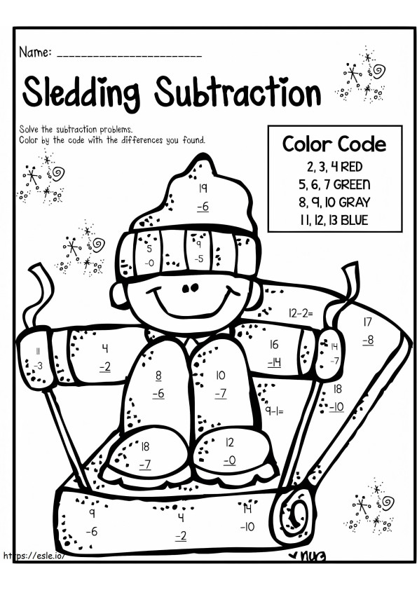 Sledding Subtraction Color By Number coloring page