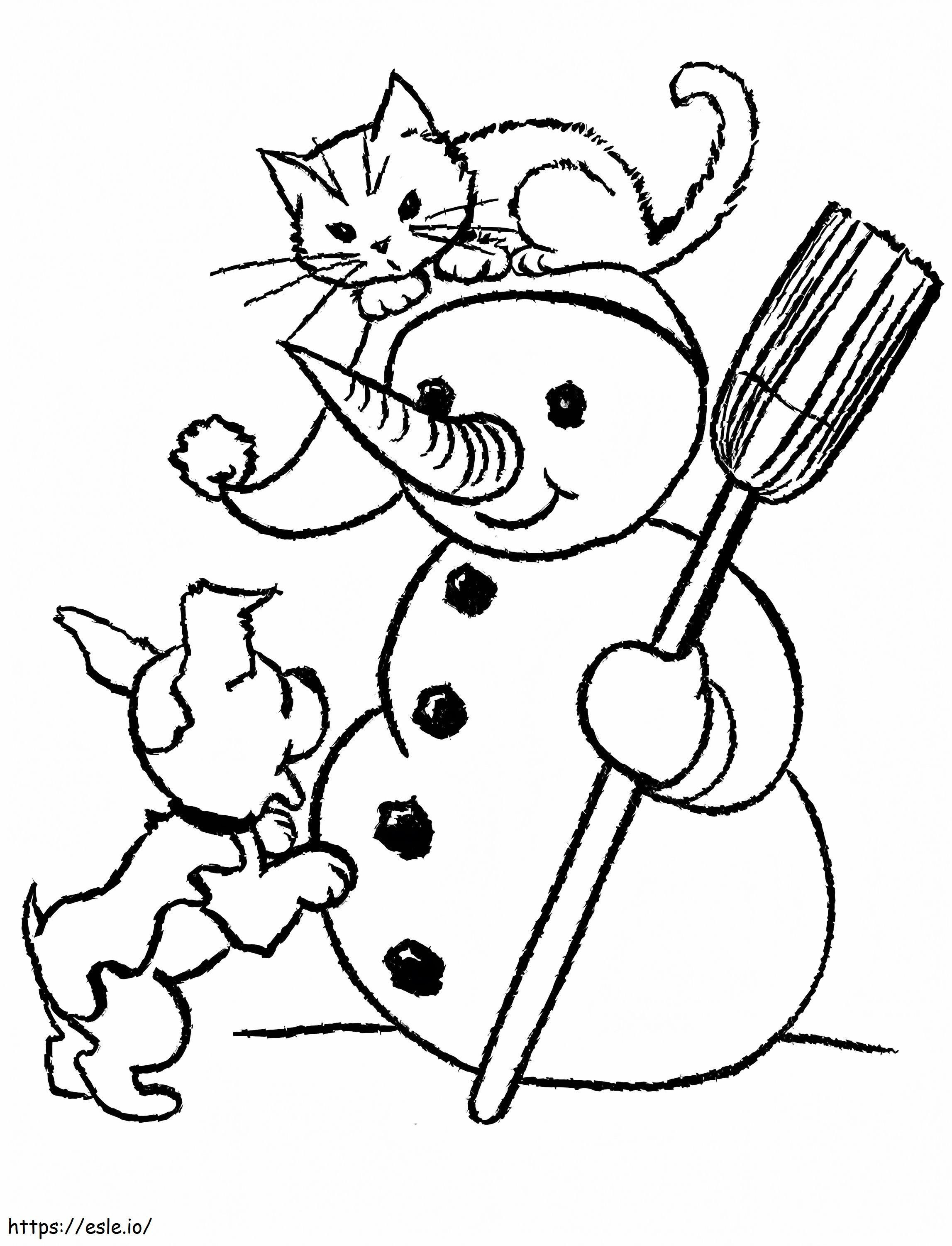 Coloriage Chien et chat avec bonhomme de neige à imprimer dessin