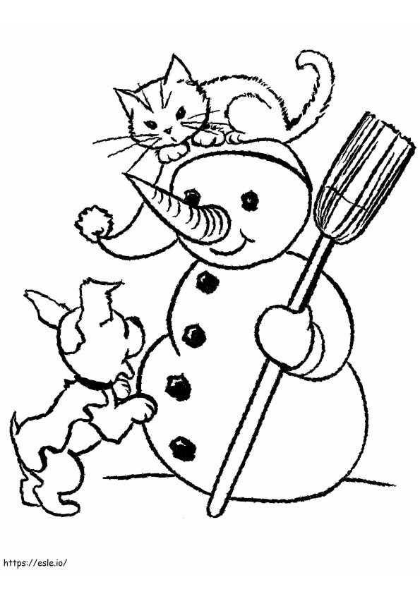 Dog And Cat With Snowman coloring page