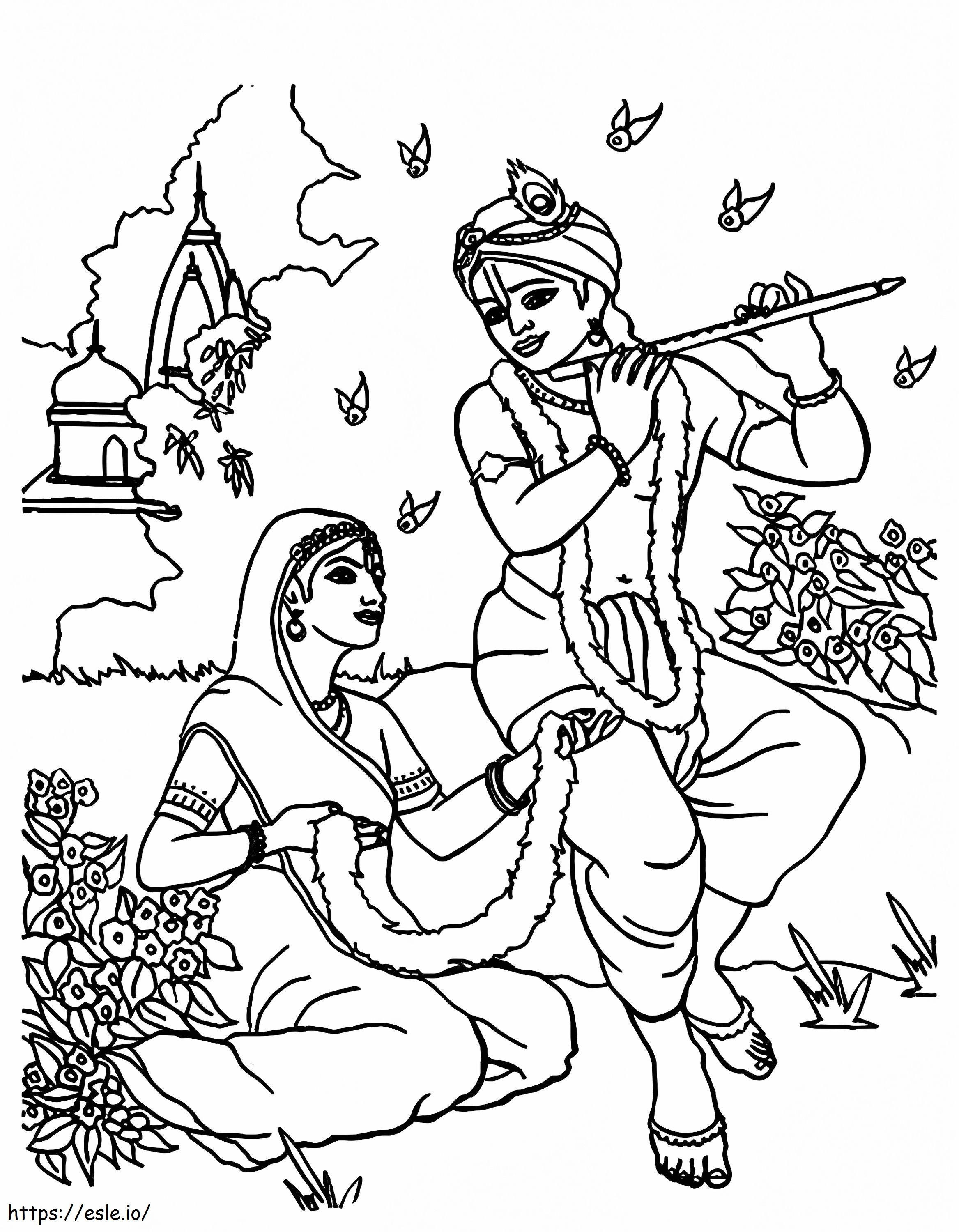 Coloriage Shri Krishna Janmashtami jouant de la flûte pour Radha à imprimer dessin