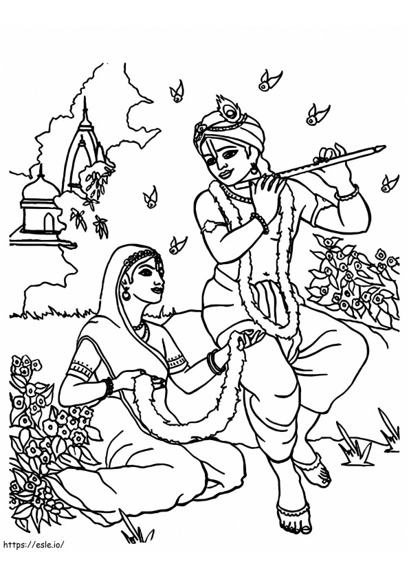 Shri Krishna Janmashtami tocando la flauta para Radha para colorear