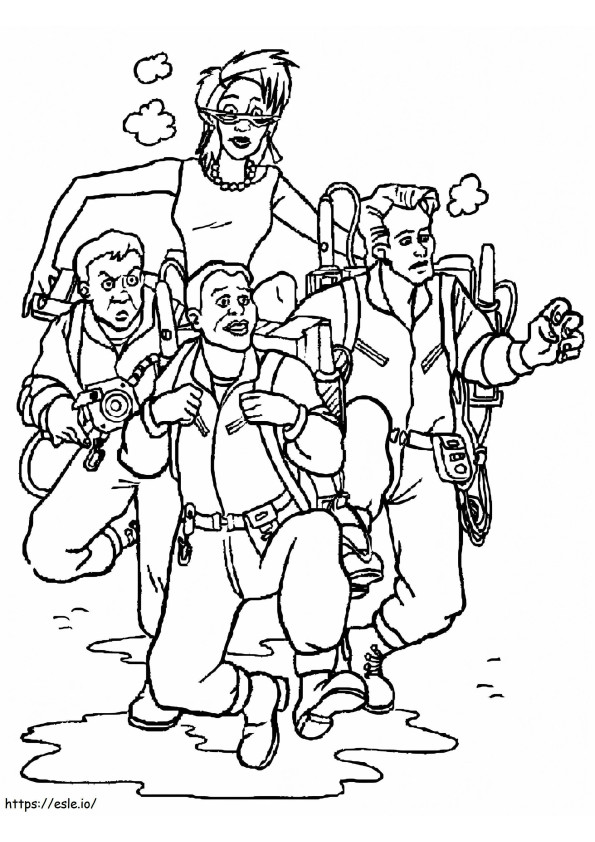 Viisi hahmoa juoksevista Ghostbustersista värityskuva