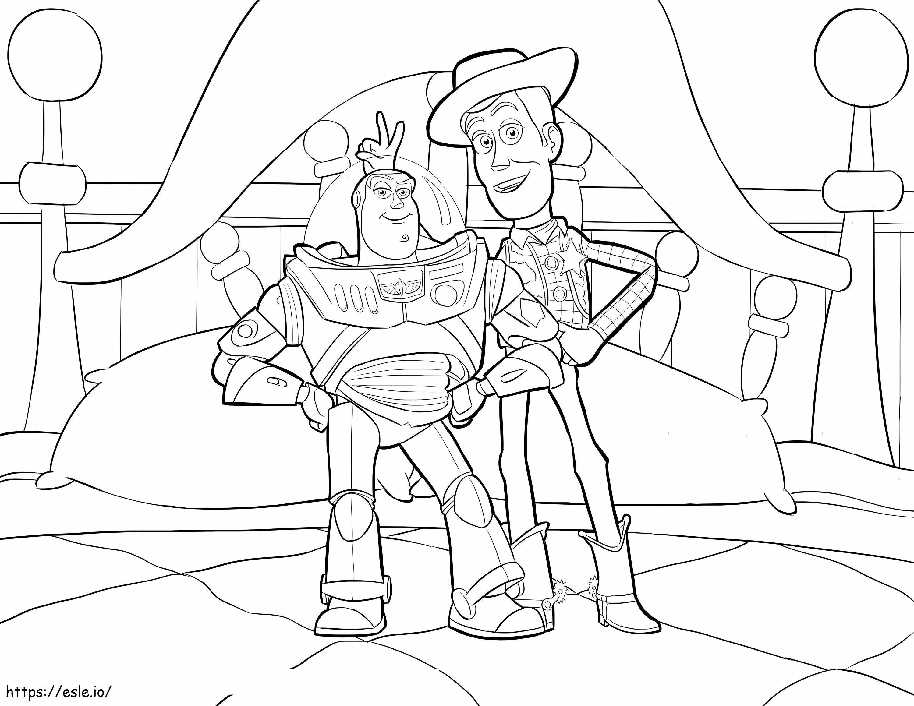 Coloriage Woody et Buzz dans une maison à l'échelle à imprimer dessin