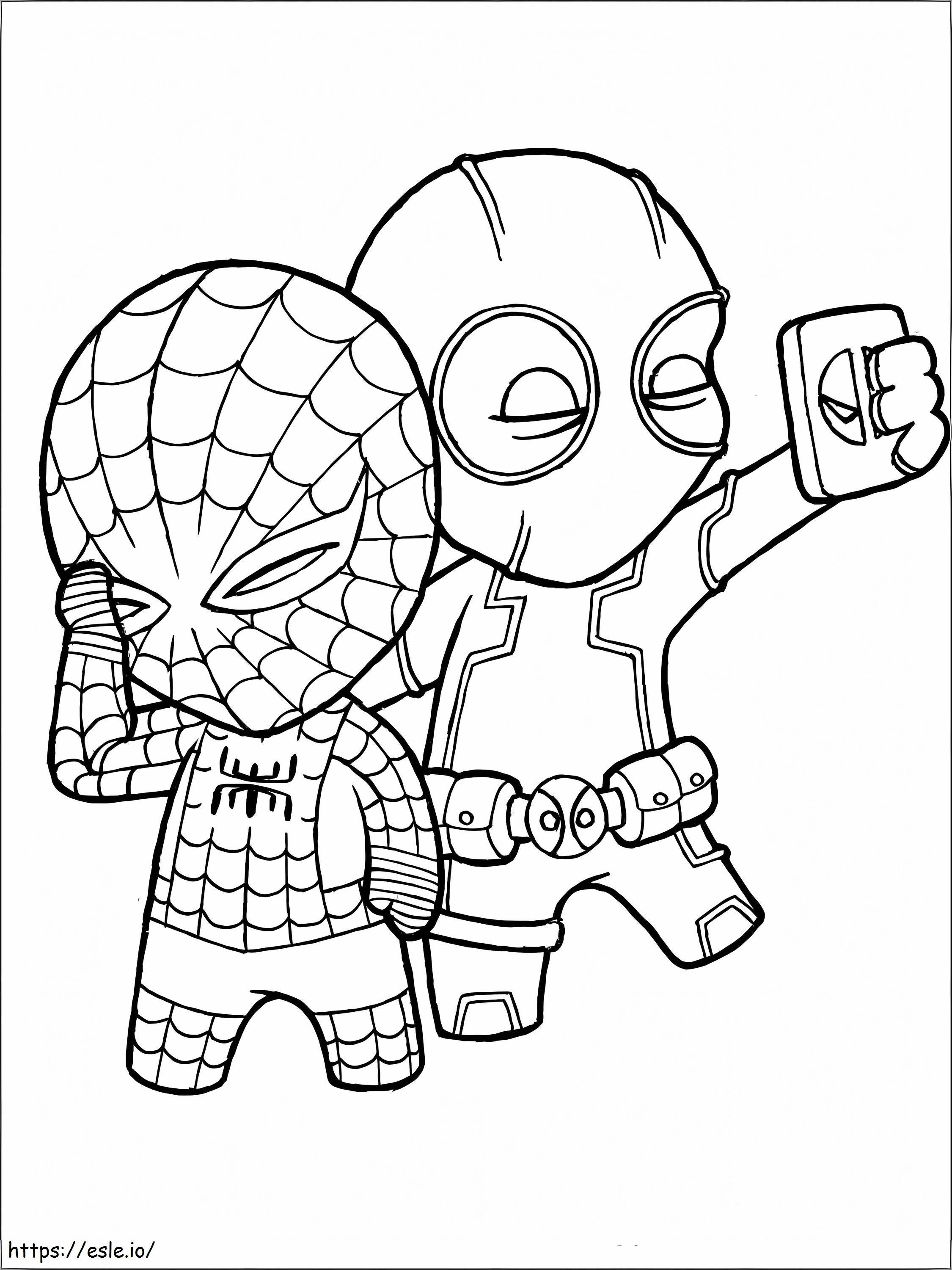 Selfie Chibi Deadpool dan Spiderman Gambar Mewarnai