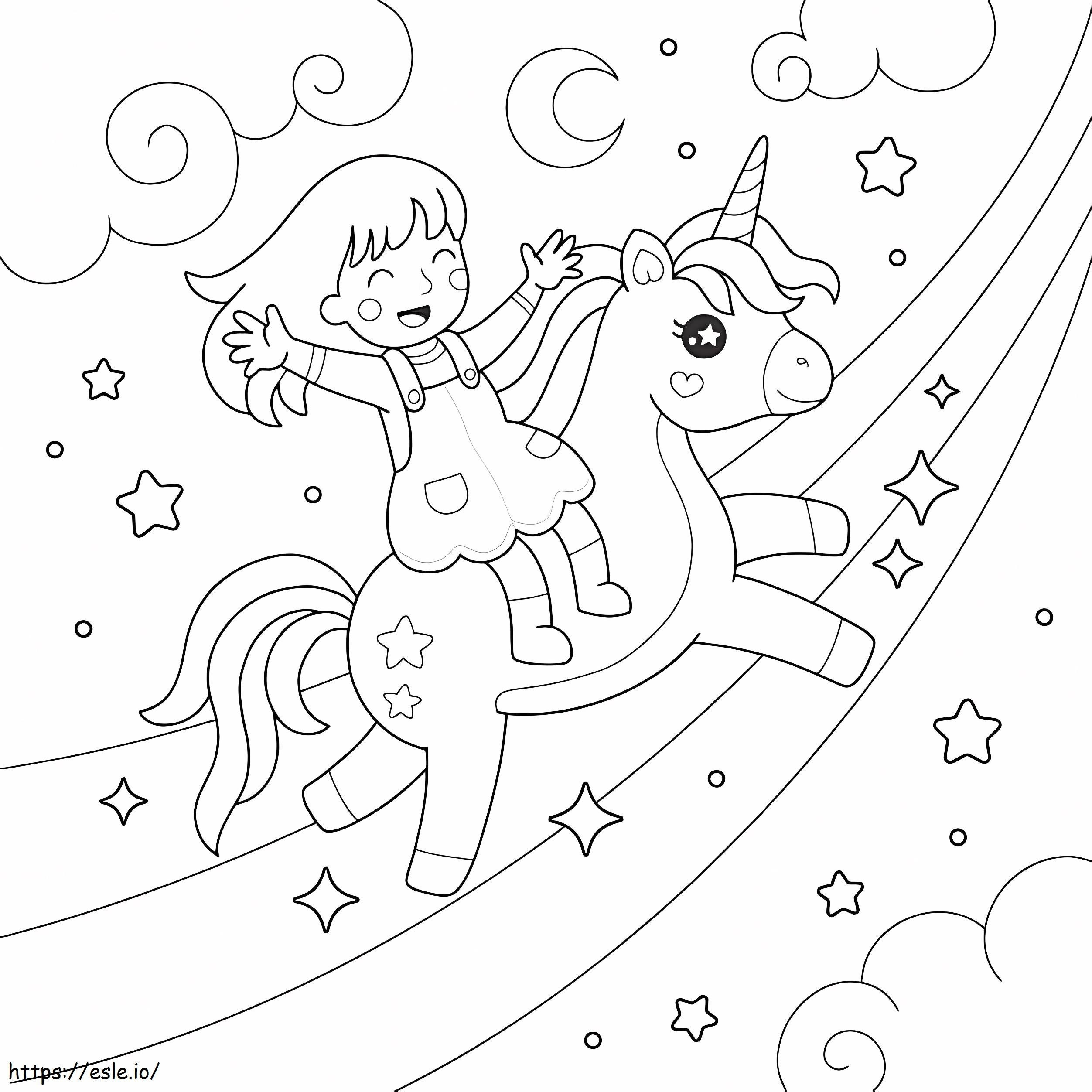 Girl On A Unicorn Flying Over A Rainbow coloring page