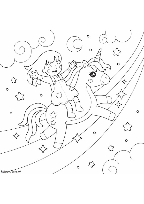 Gadis Di Atas Unicorn Terbang Di Atas Pelangi Gambar Mewarnai