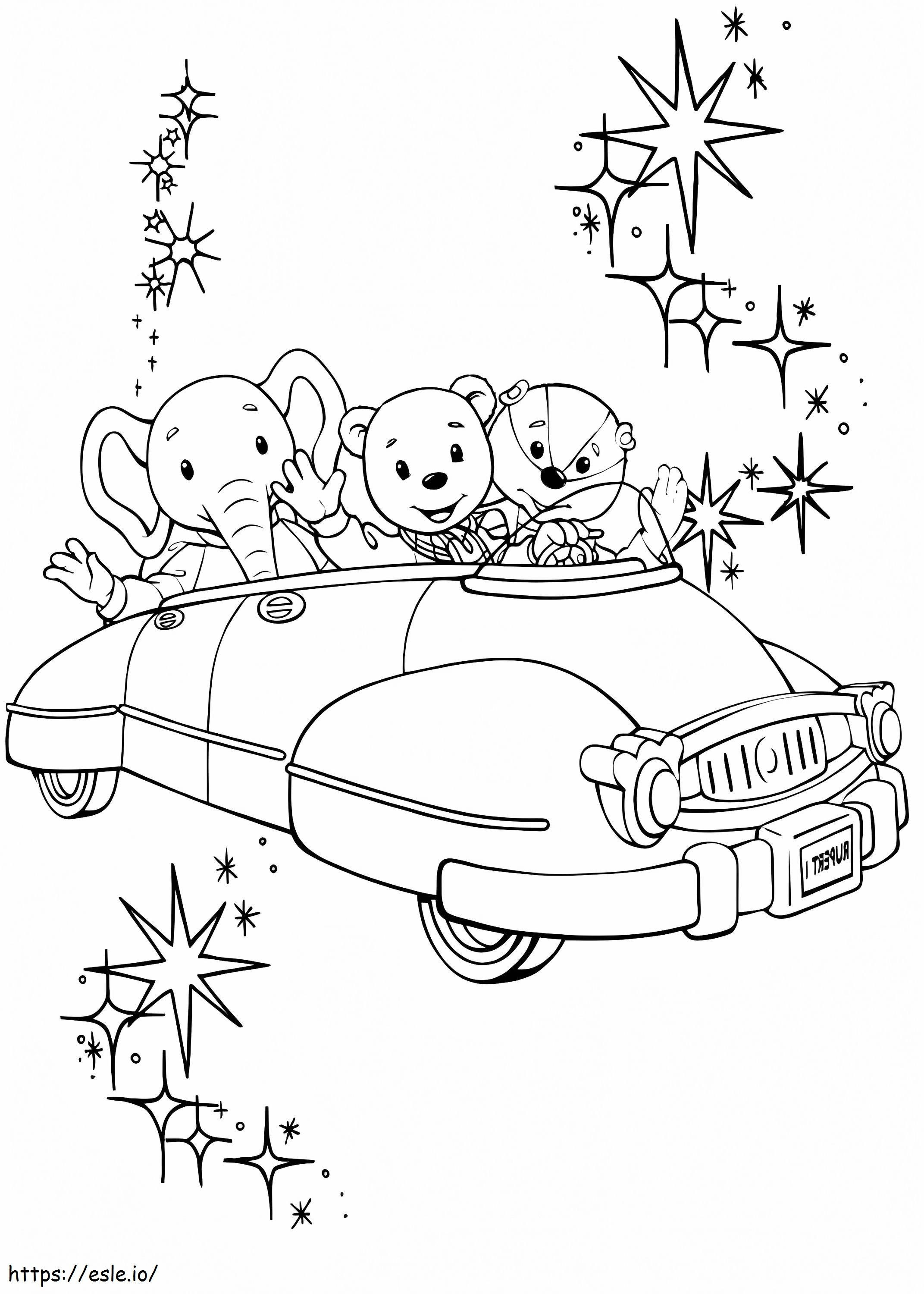 Rupert Bear y sus amigos montando un coche para colorear