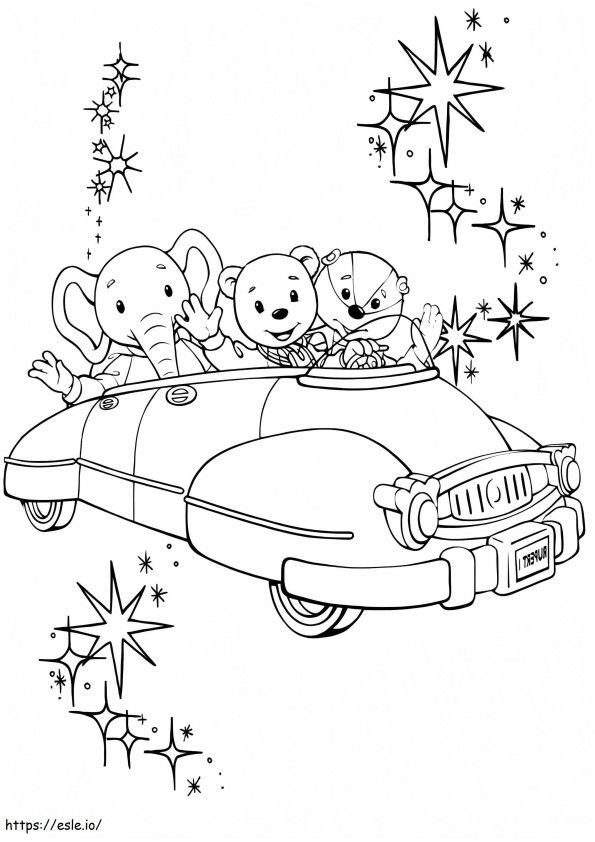 Rupert Bear und seine Freunde fahren im Auto ausmalbilder