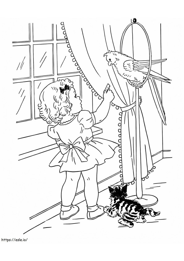 Coloriage Petite fille et perroquet de compagnie à imprimer dessin