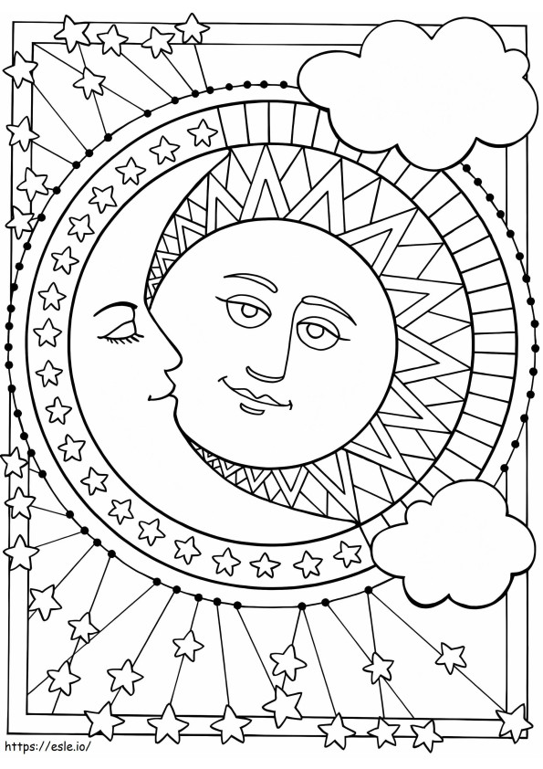 Ilmainen aurinko ja kuu aikuisille värityskuva