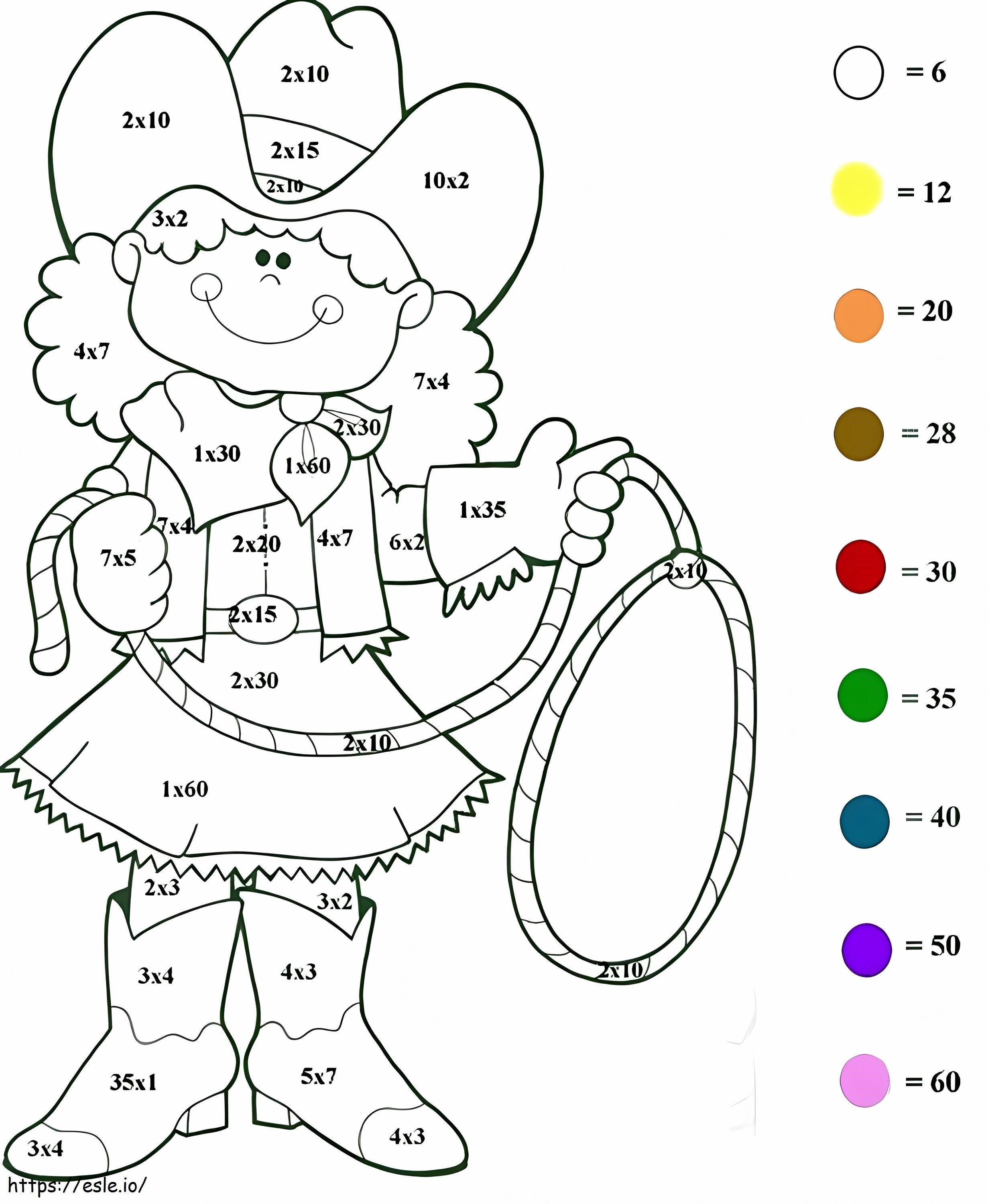 Cowgirl-vermenigvuldiging, kleur op nummer kleurplaat kleurplaat