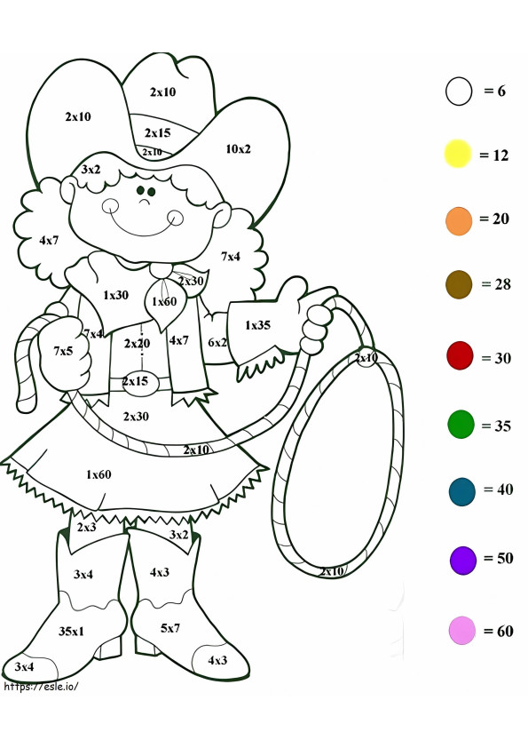 Cowgirl-Multiplikationsfarbe nach Zahl ausmalbilder