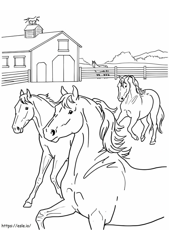 Vier paarden in de stal kleurplaat