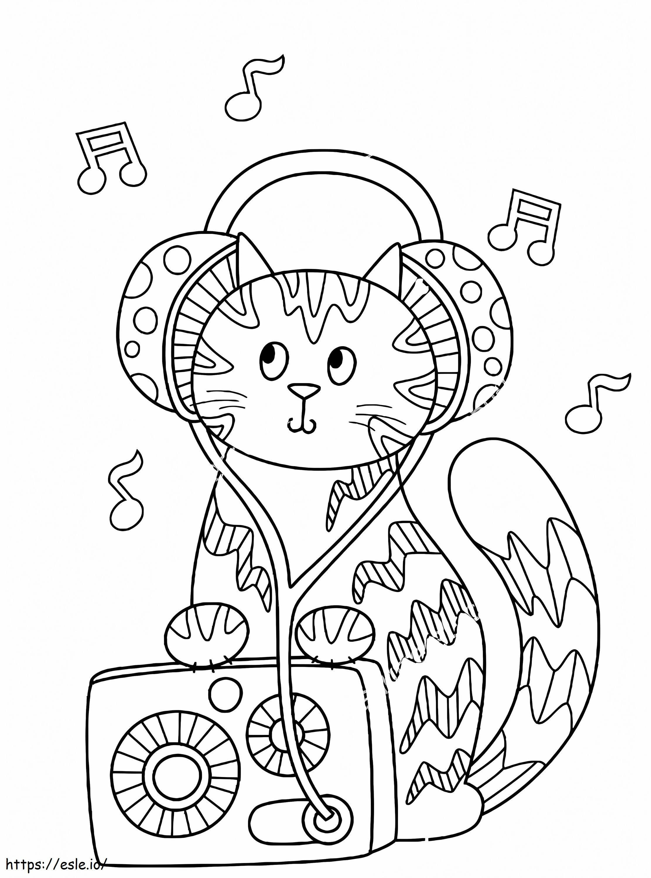 Söpö kissanpentu radiolla ja kuulokkeilla värityskuva
