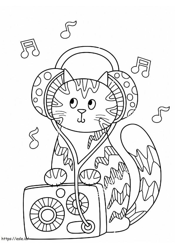 Aranyos cica rádióval és fejhallgatóval kifestő