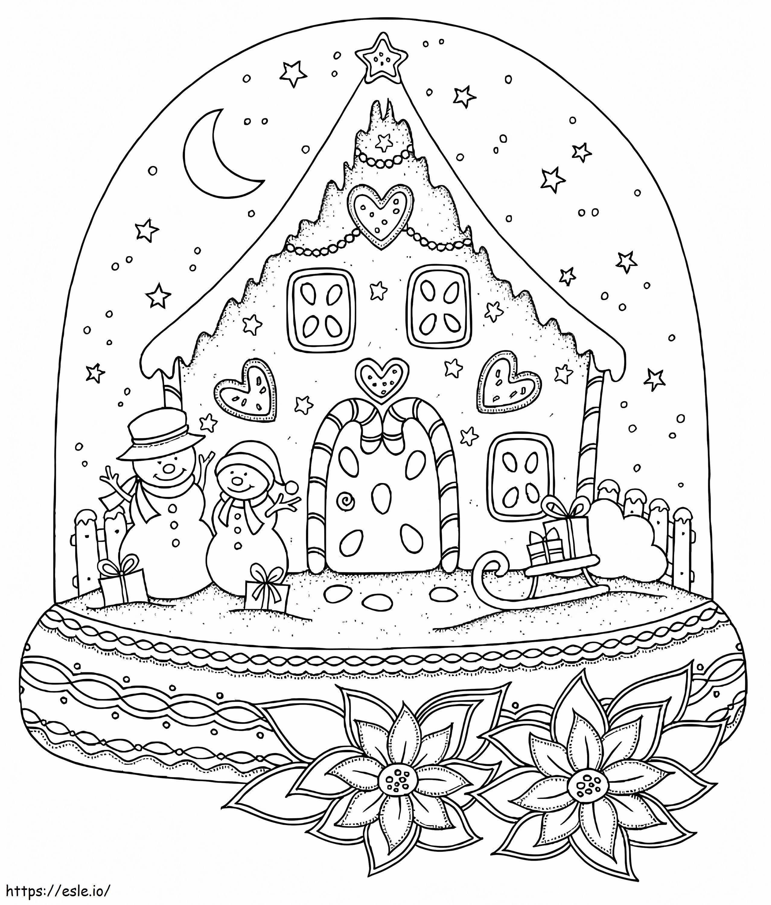 Casa de pão de gengibre no globo de neve para colorir
