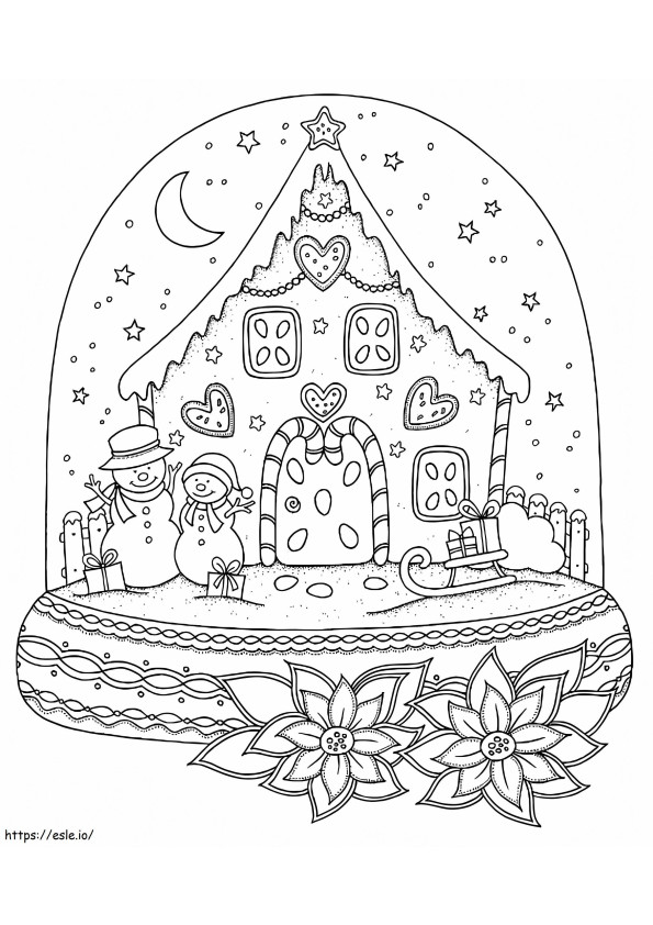 Casa de pan de jengibre en globo de nieve para colorear