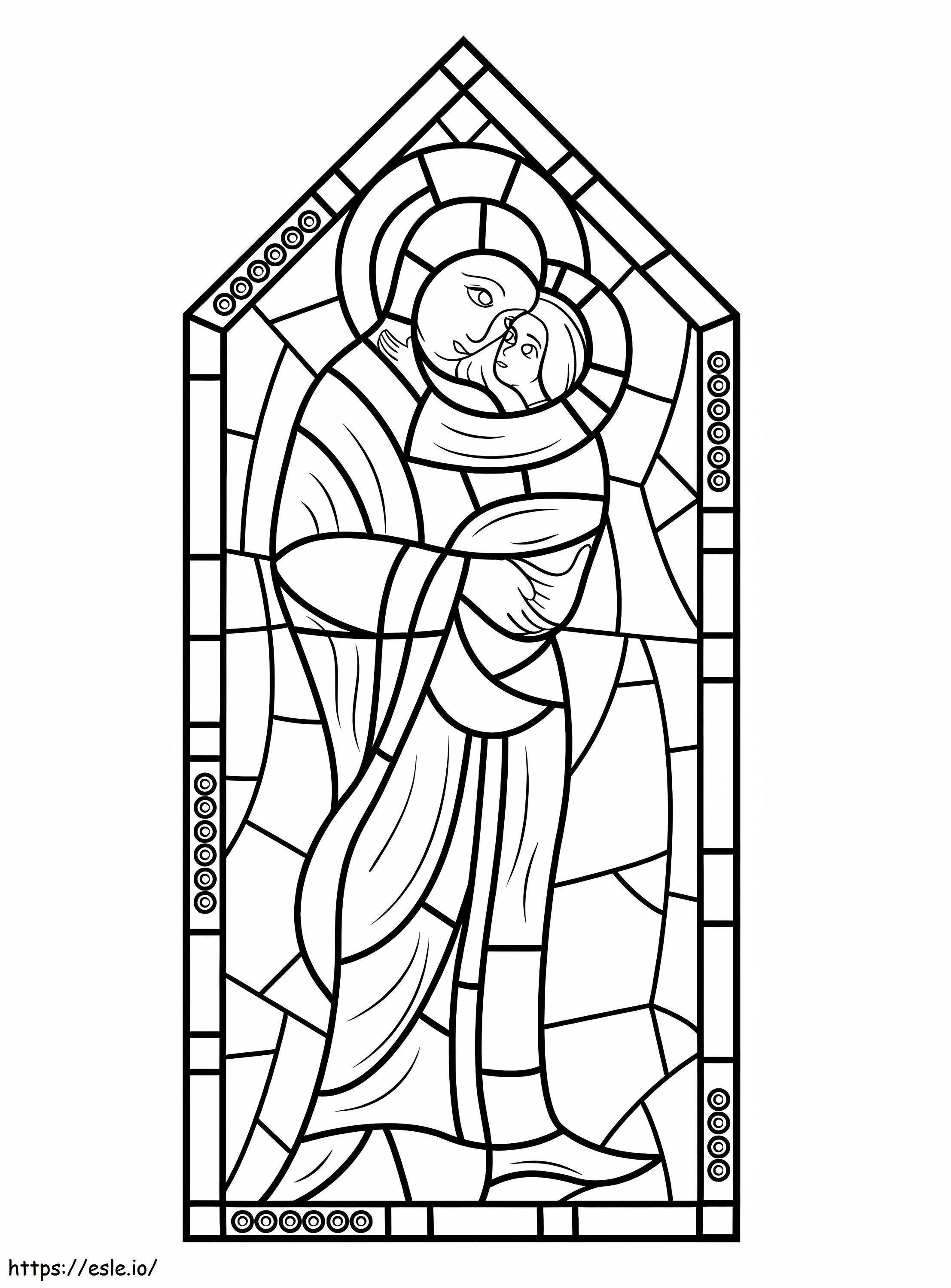 Mãe Maria com vitral de Jesus para colorir