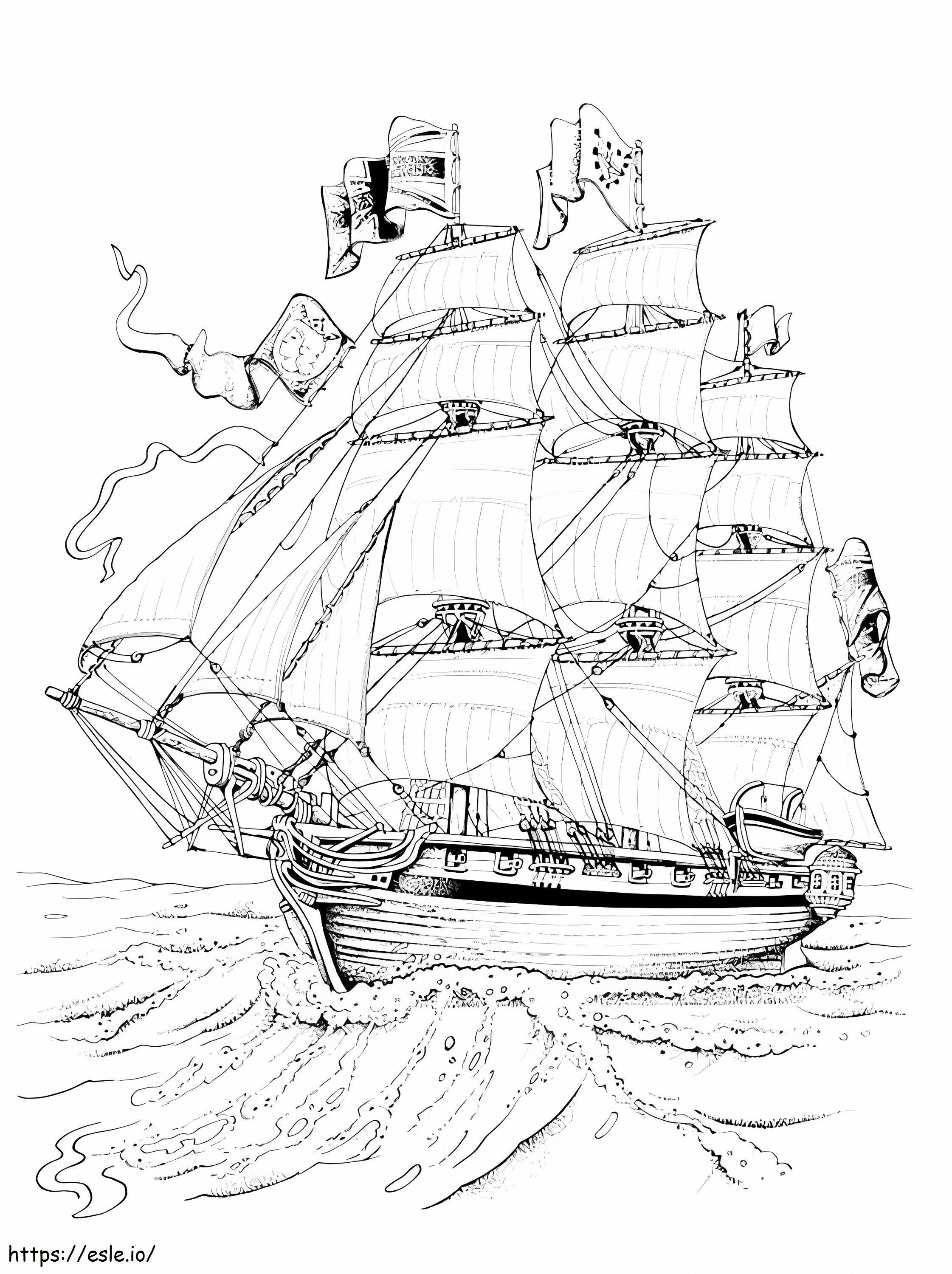 Statek piracki z wieloma żaglami kolorowanka