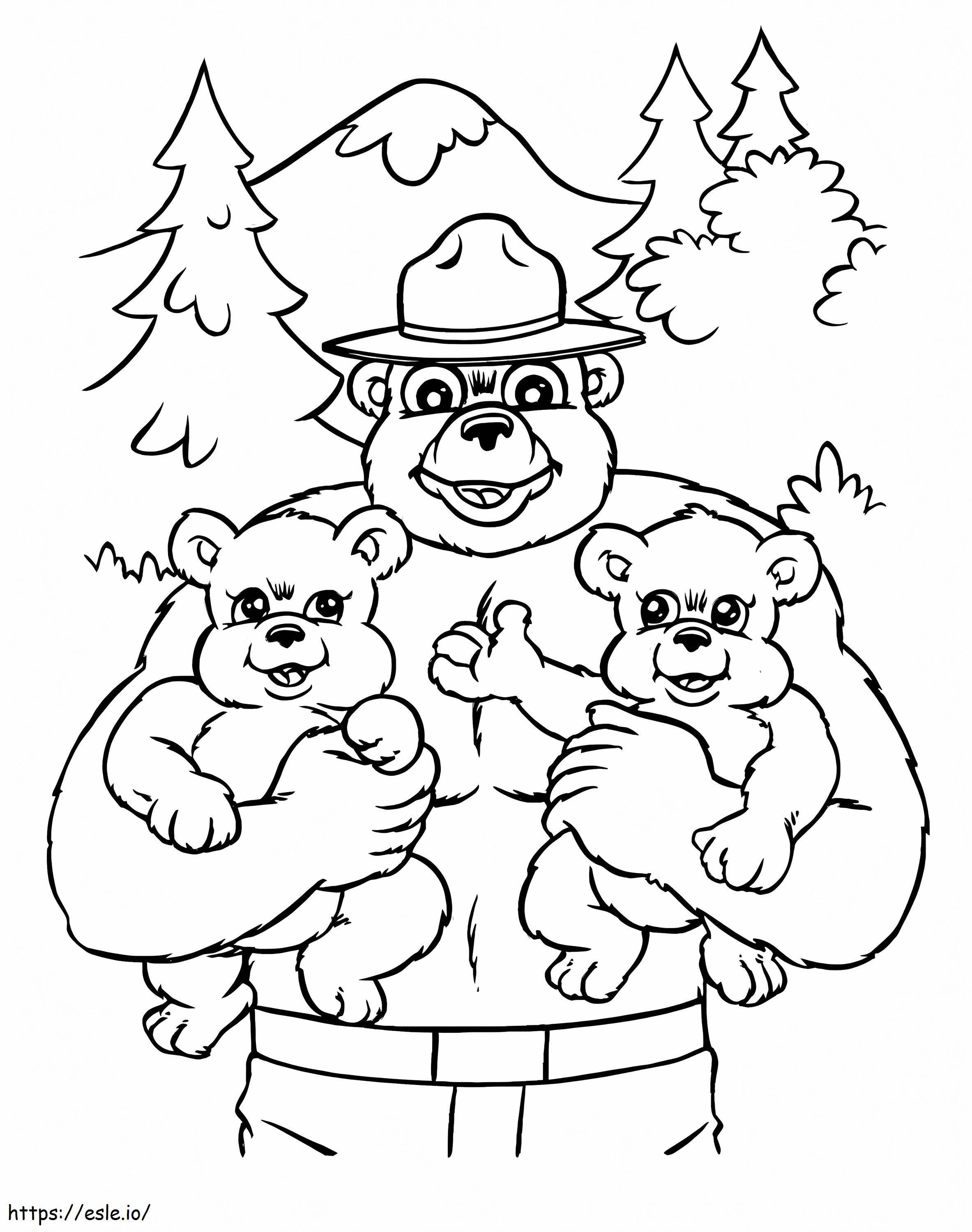 Smoky Bear And Two Little Bears coloring page