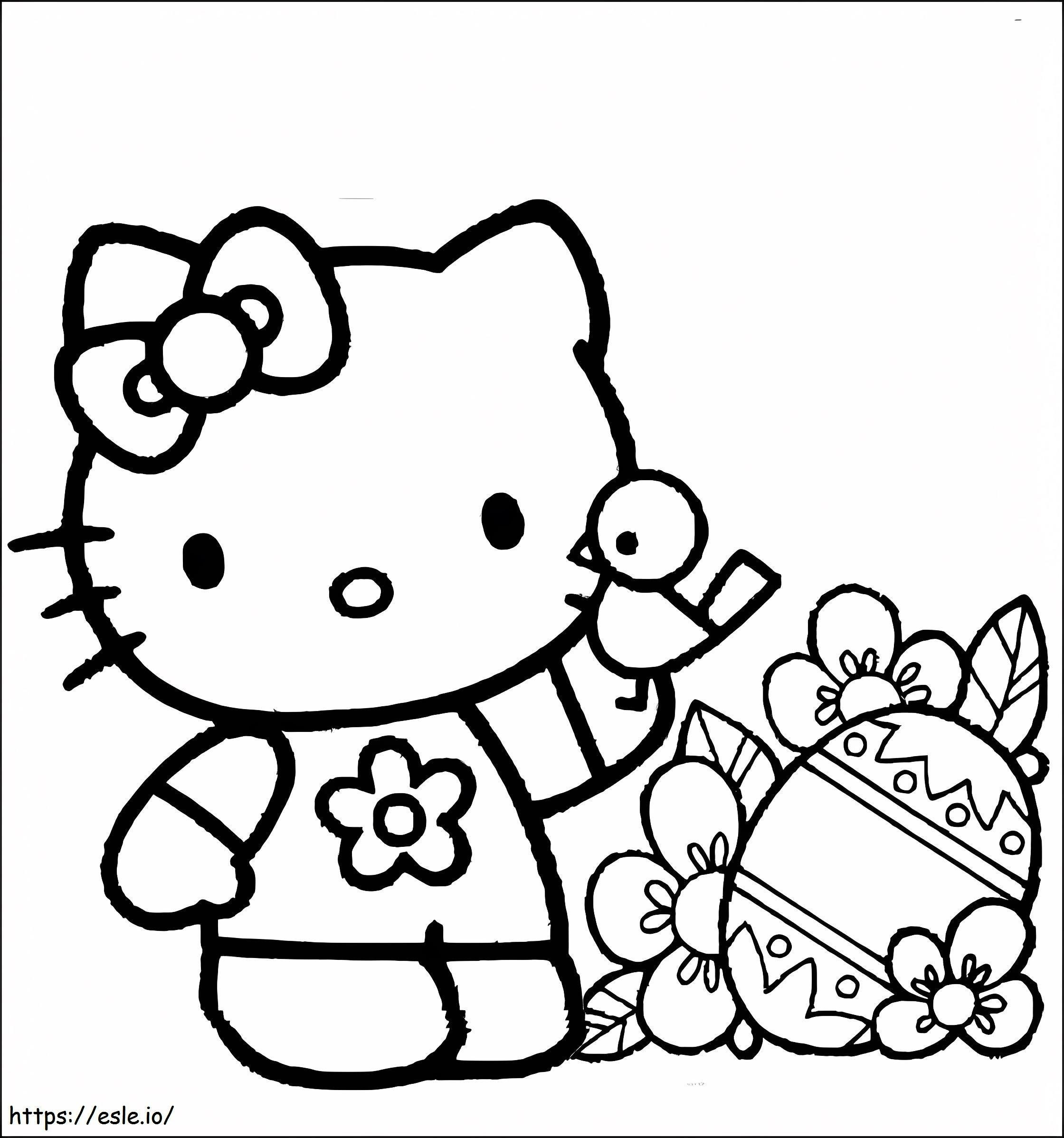 Coloriage Hello Kitty avec un poussin et un œuf de Pâques à imprimer dessin