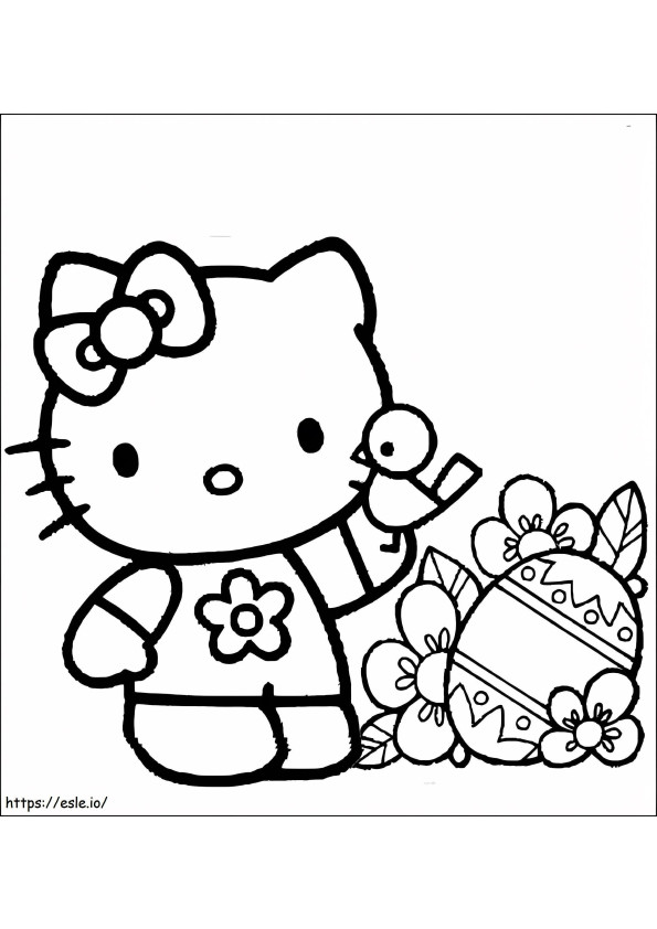 Hello Kitty con pollito y huevo de Pascua para colorear