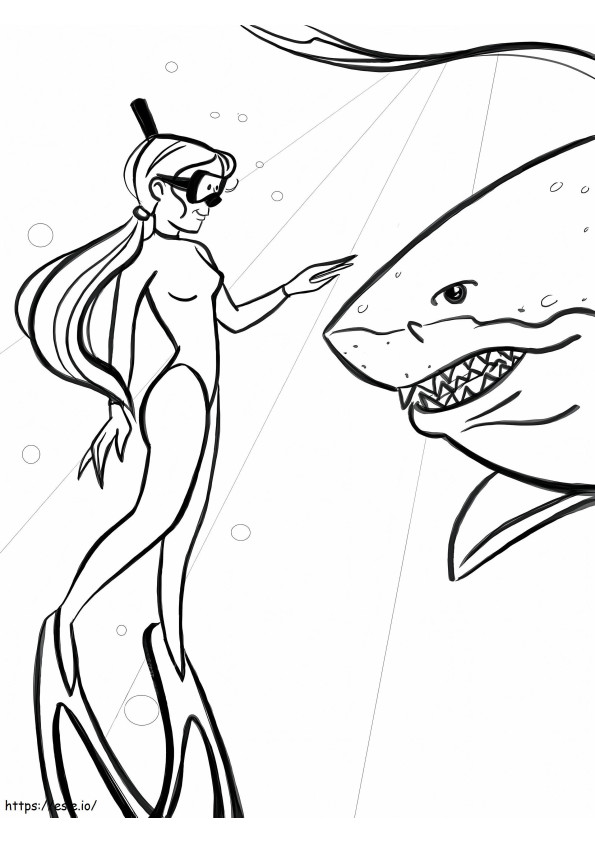 Menina Mergulhando E Tubarão para colorir