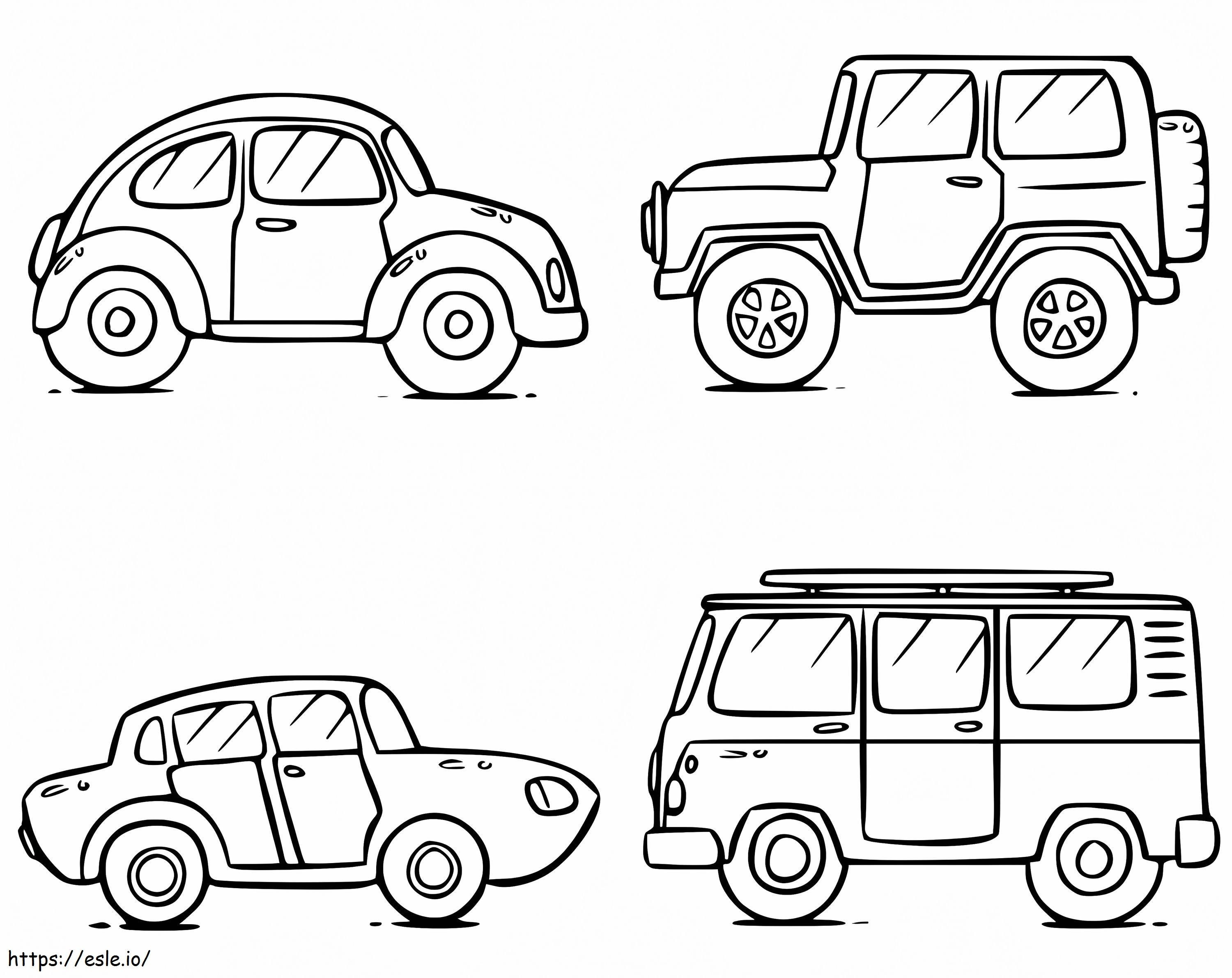 Quatro carros para colorir