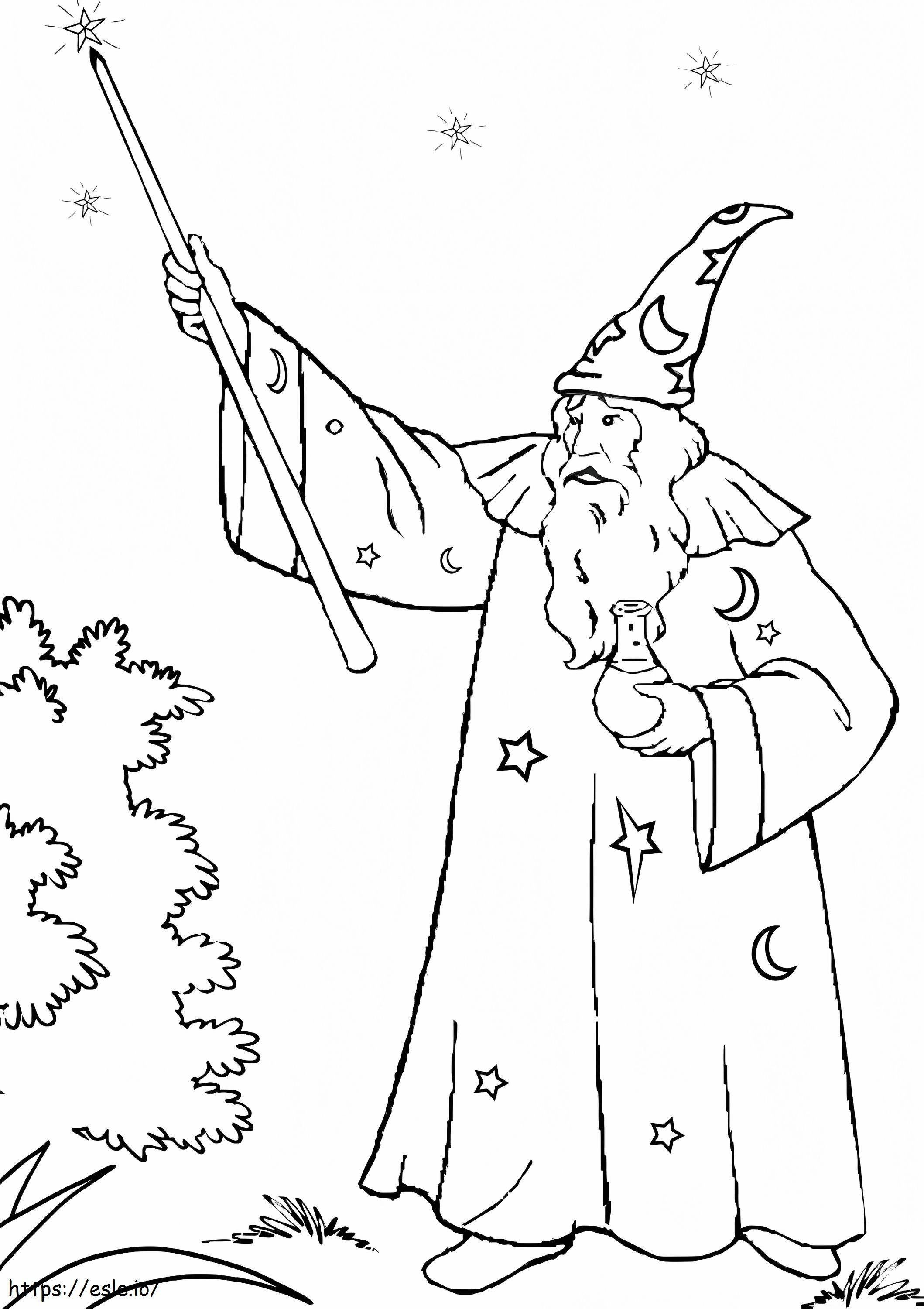 Merlín el mago sosteniendo una varita mágica para colorear