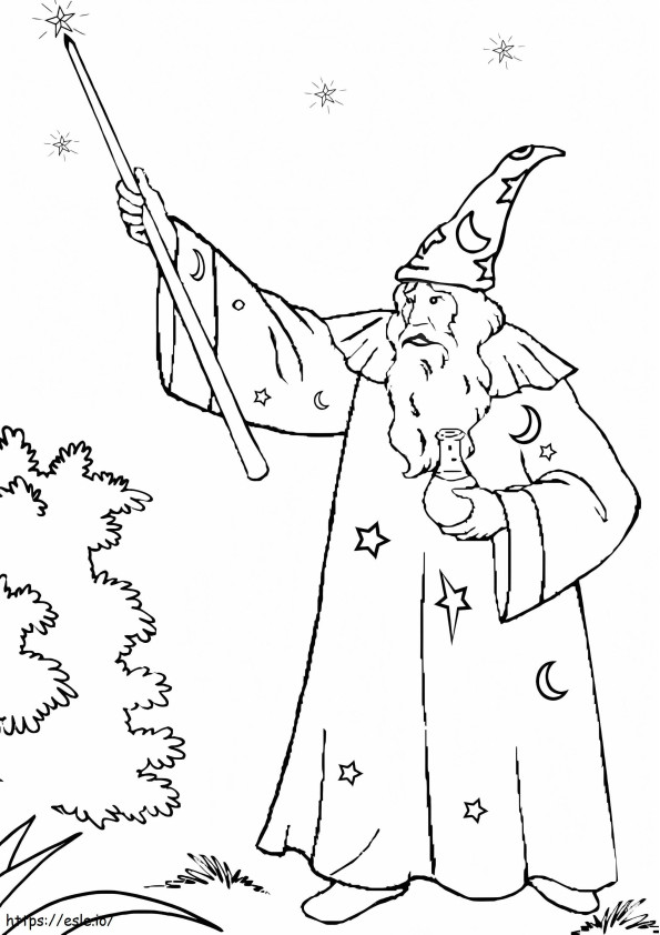 Merlin, o mago, segurando uma varinha mágica para colorir