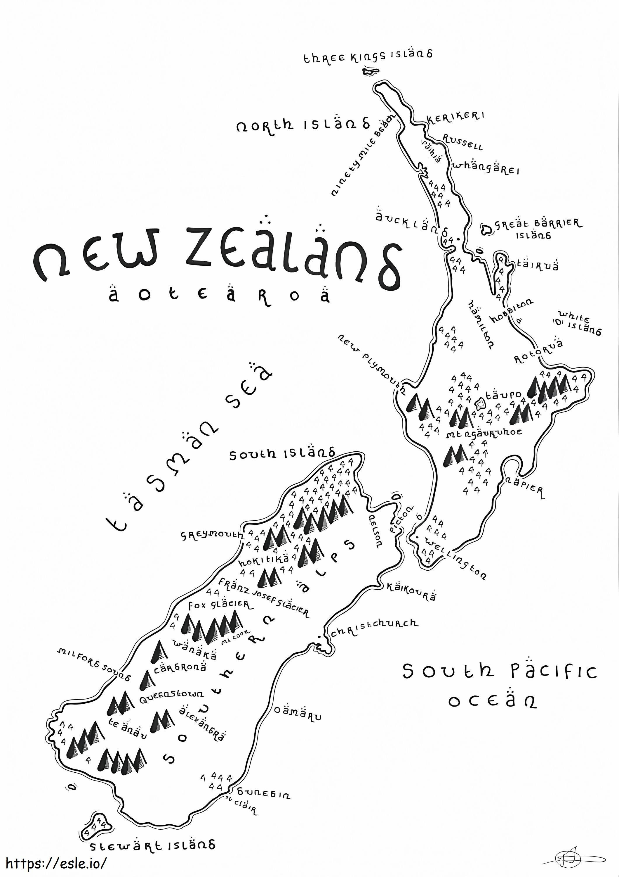 Mapa Nowej Zelandii 4 kolorowanka