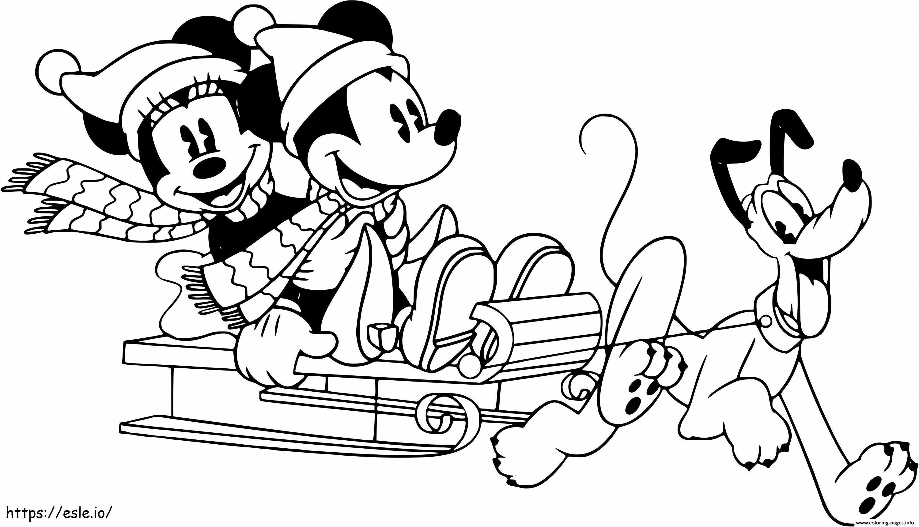 Coloriage Pluton et couple Mickey et Minnie Mouse à l'échelle à imprimer dessin