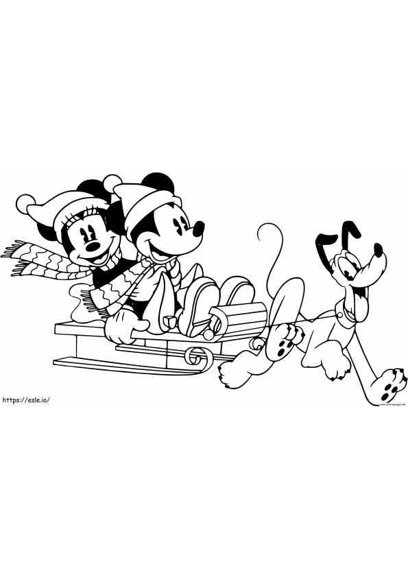 Pluto și cuplu Mickey și Minnie Mouse la scară de colorat