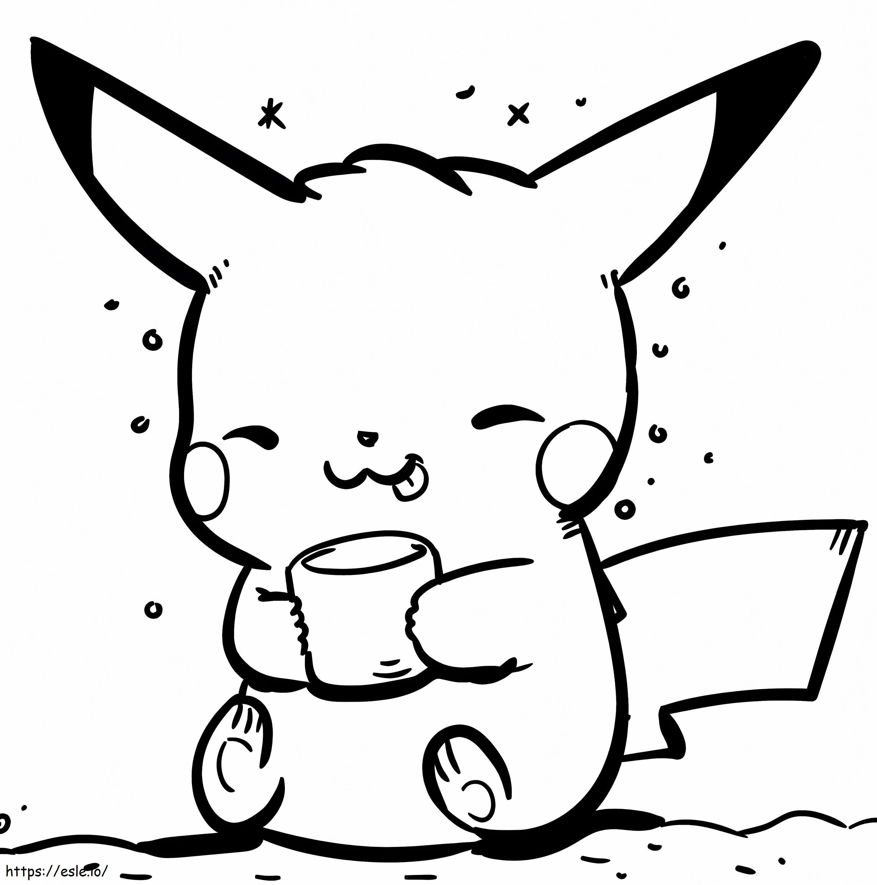 Pikachu com uma xícara para colorir