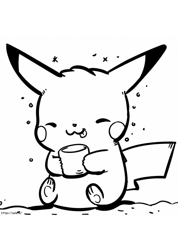 Pikachu com uma xícara para colorir