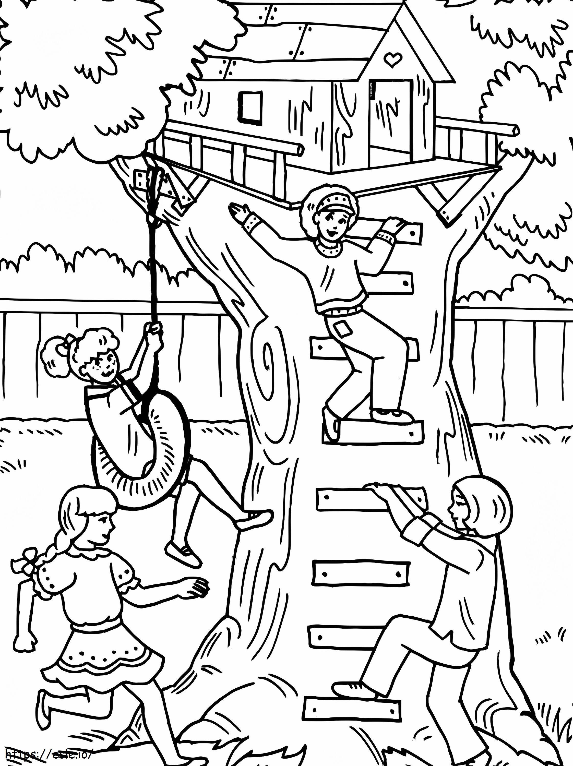 Kids Playing In Treehouse coloring page