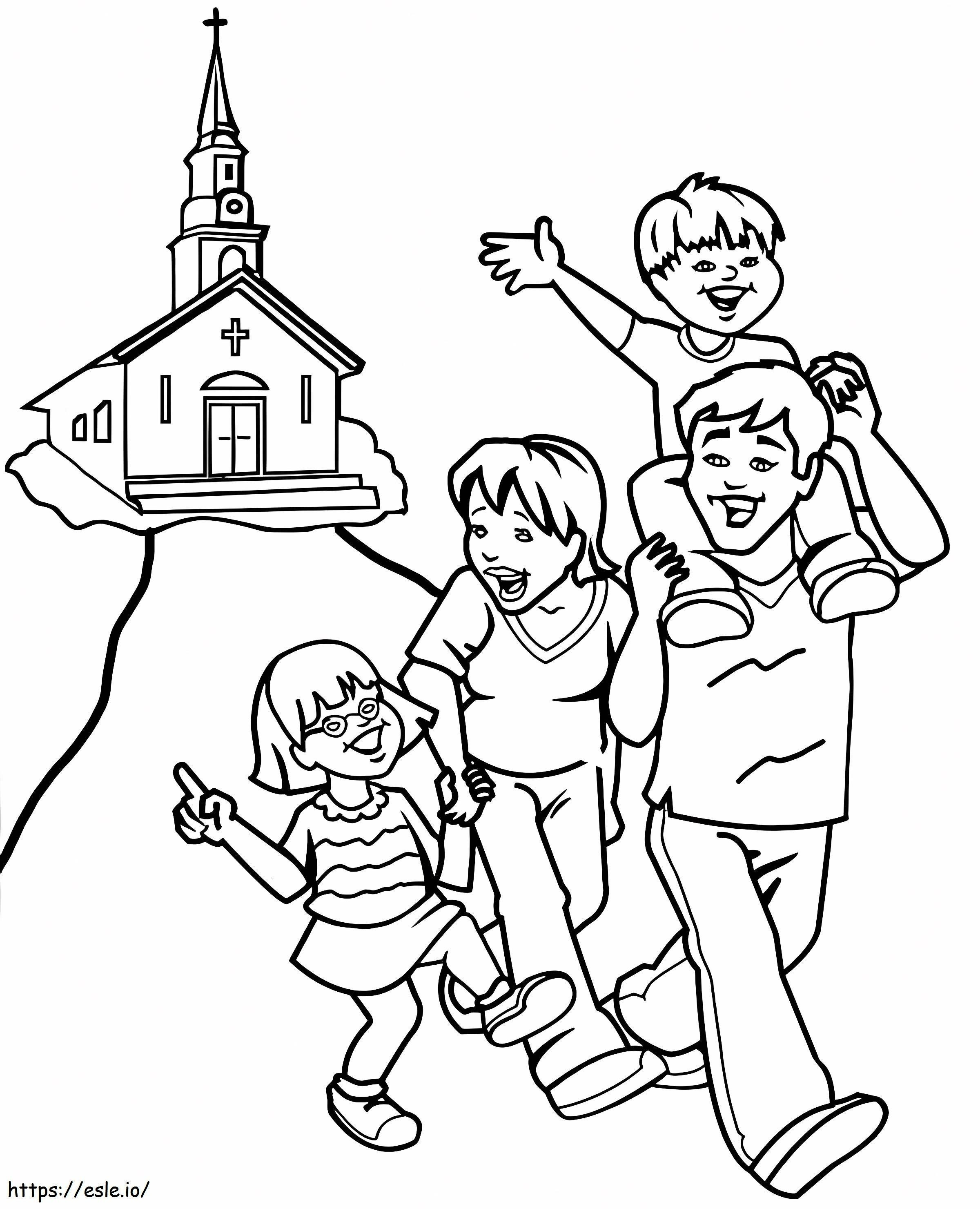教会にいる家族 ぬりえ - 塗り絵