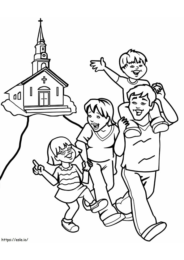 教会にいる家族 ぬりえ - 塗り絵