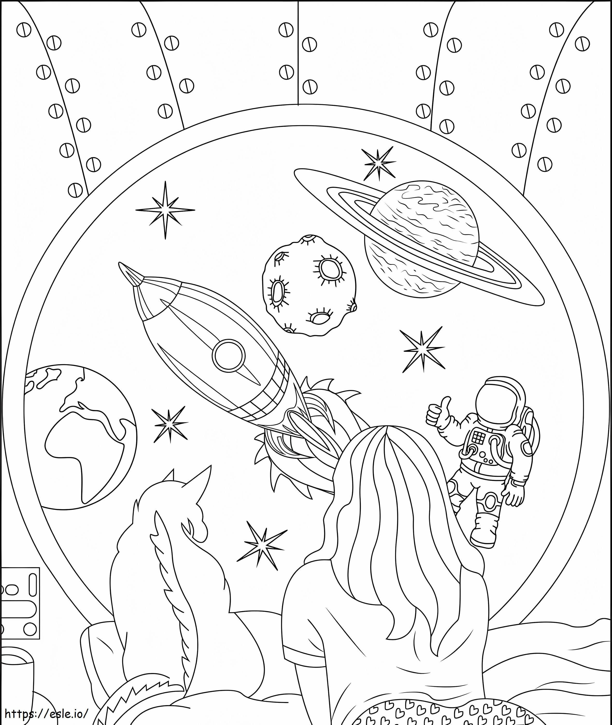 Aesthetics Girl Cat And Space coloring page