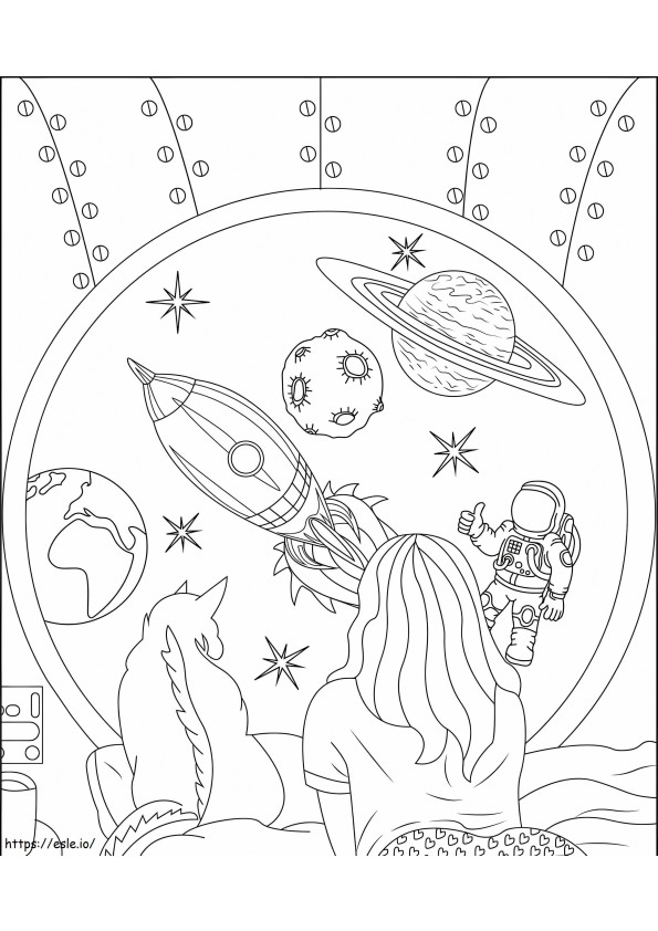 Aesthetics Girl Cat And Space coloring page