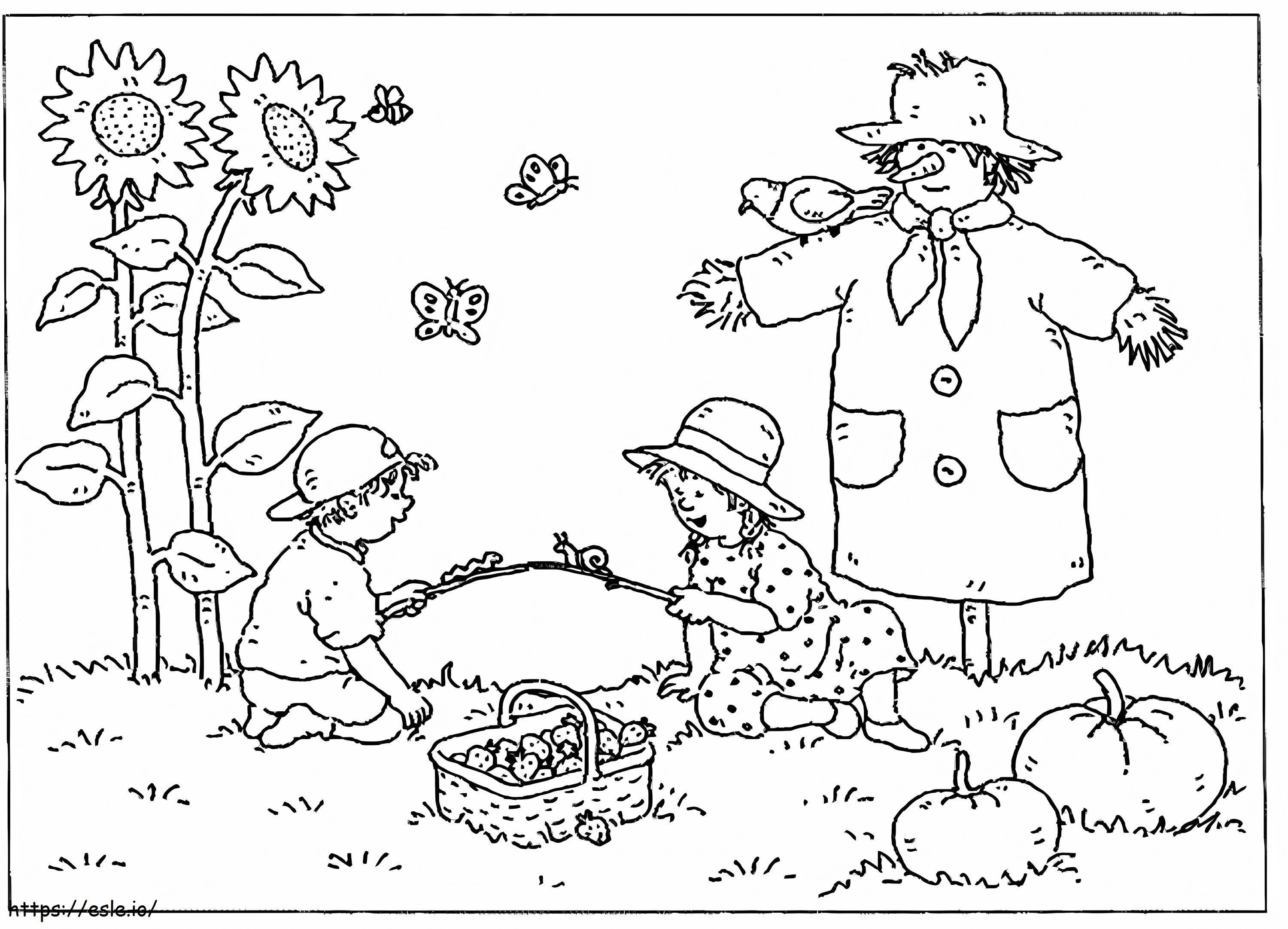 Coloriage Deux enfants et un épouvantail à l'automne à imprimer dessin