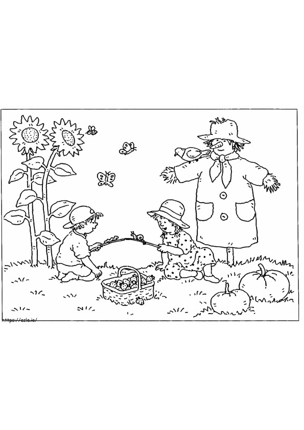 Two Children And A Scarecrow In The Autumn coloring page