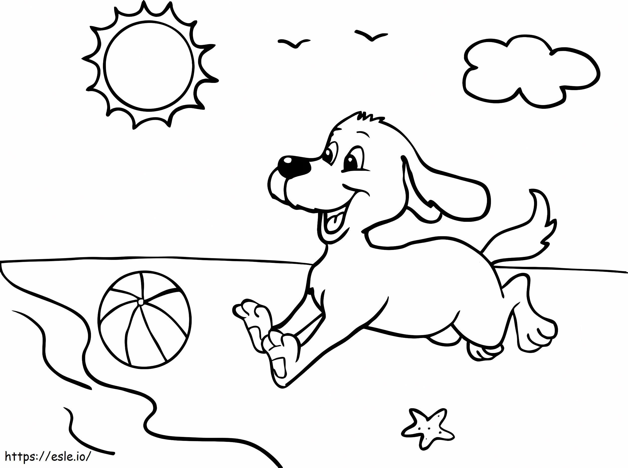 Cachorro brincando com bola na praia para colorir