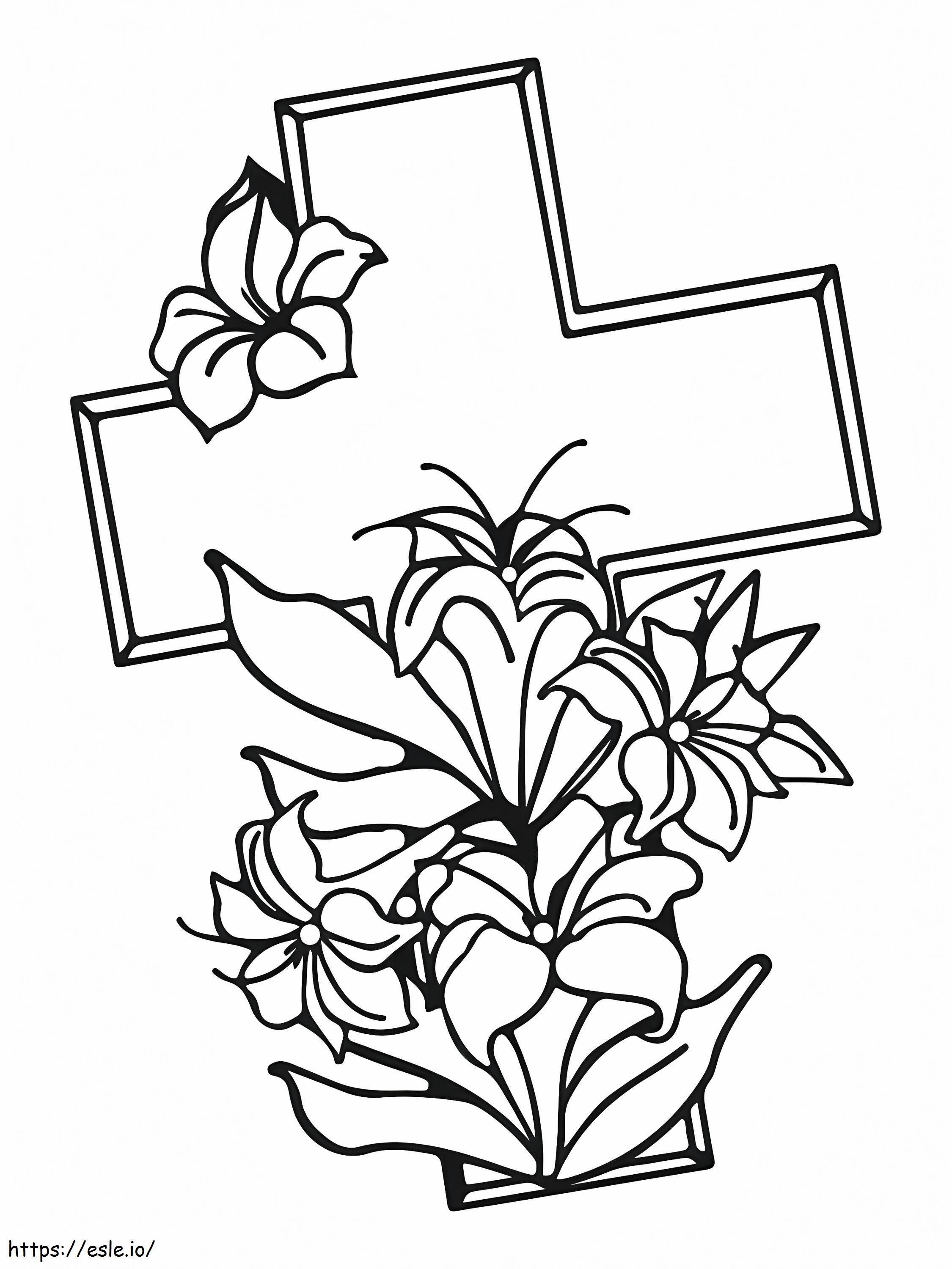 Easter Cross And Beautiful Flowers coloring page