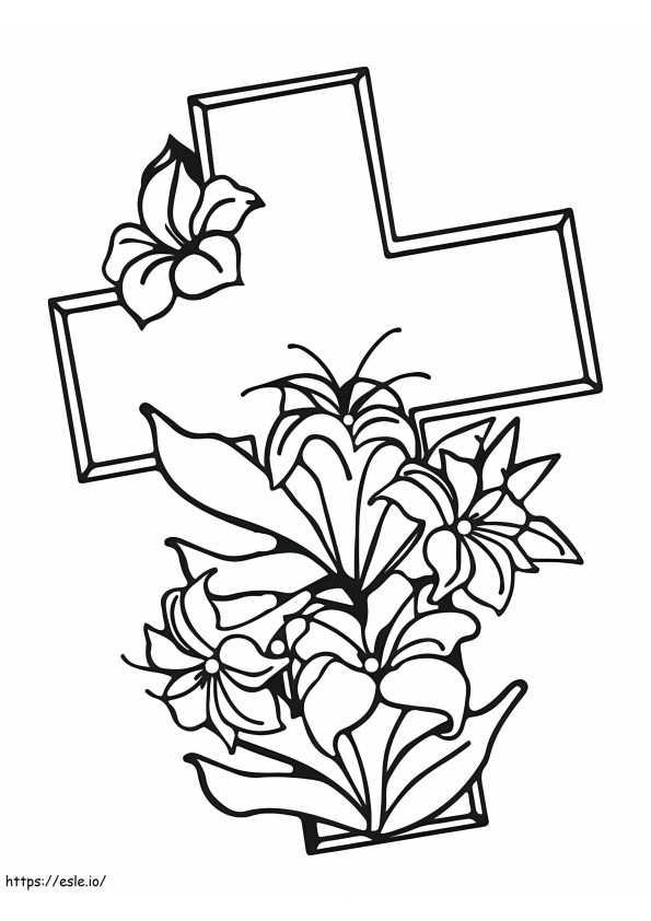 Coloriage Croix de Pâques et belles fleurs à imprimer dessin