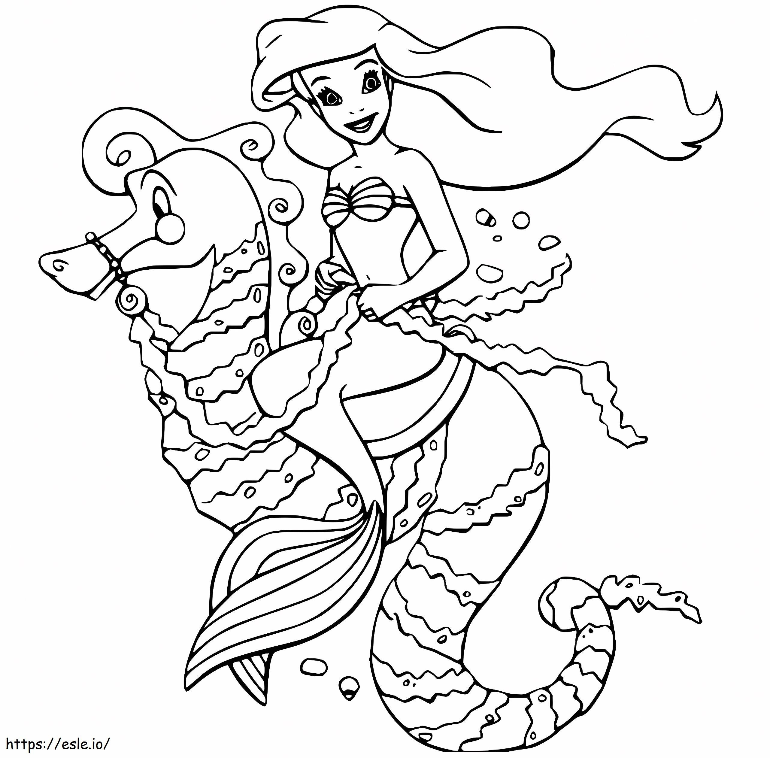 Ariel Sitting On A Big Seahorse coloring page