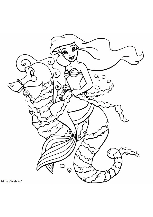 Ariel siedząca na dużym koniku morskim kolorowanka