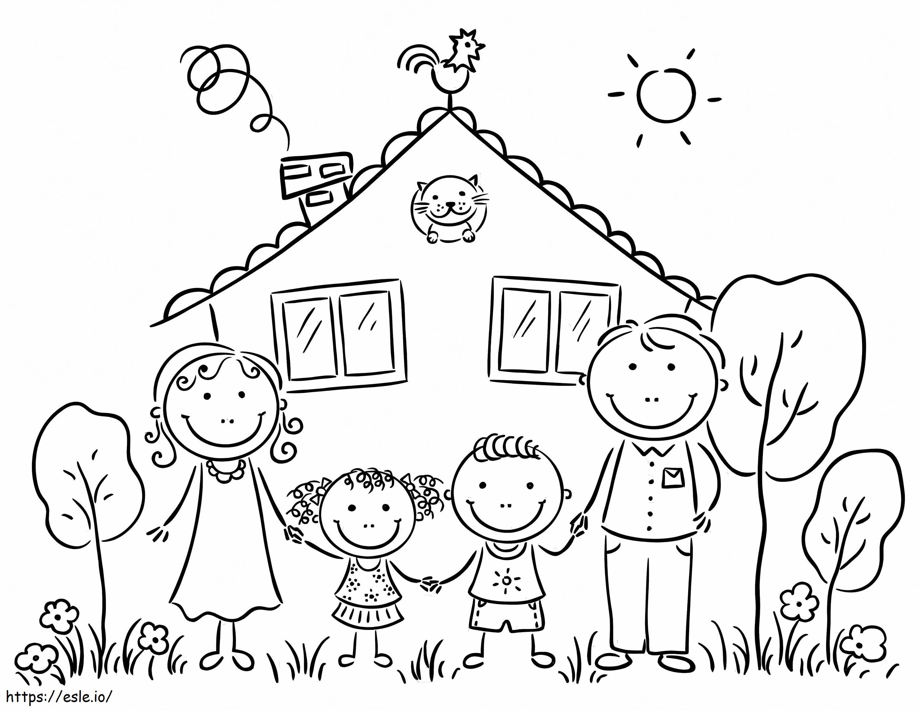Coloriage Famille avec maison à imprimer dessin