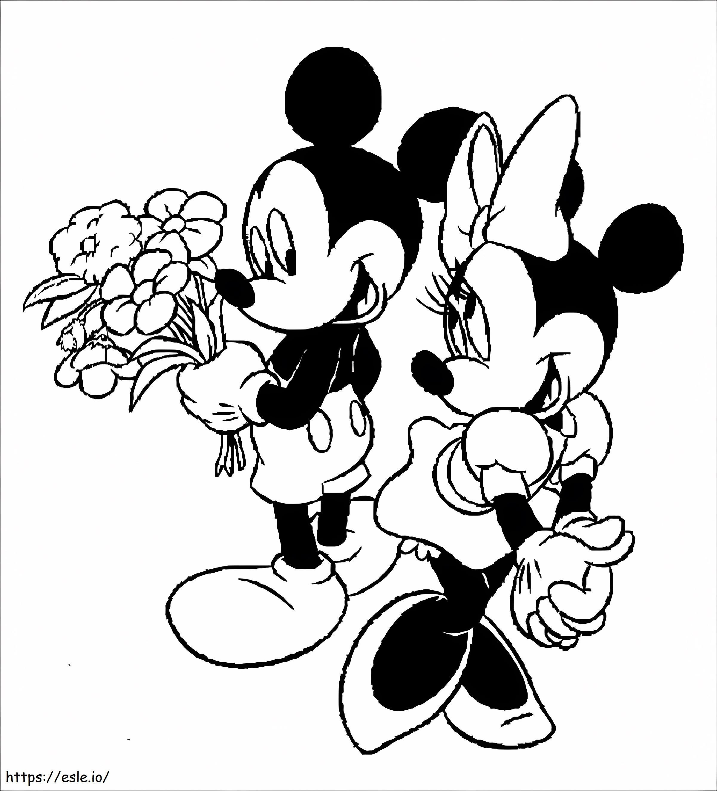Mickey Mouse sosteniendo un ramo de flores y Minnie Mouse para colorear