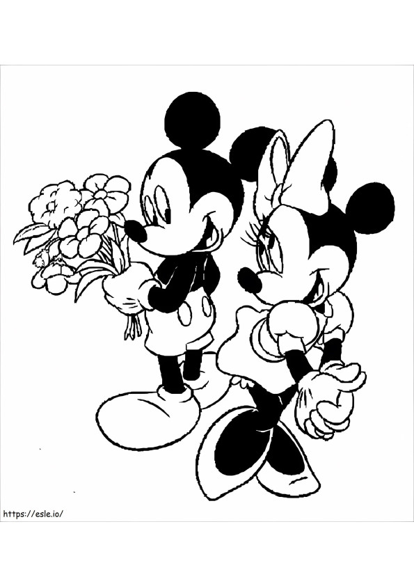 Mickey egér egy csokor virágot tart és Minnie egér kifestő